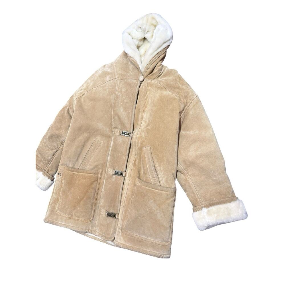 Gallery Beige Shearling Hooded Coat Faux Fur Trim Y2K Winter Jacket - Picture 3 of 10